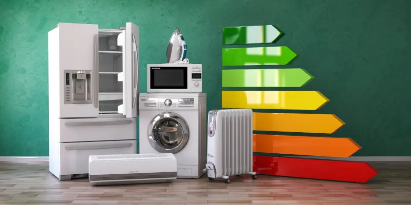 Appliances in front of green wall and green to red graph