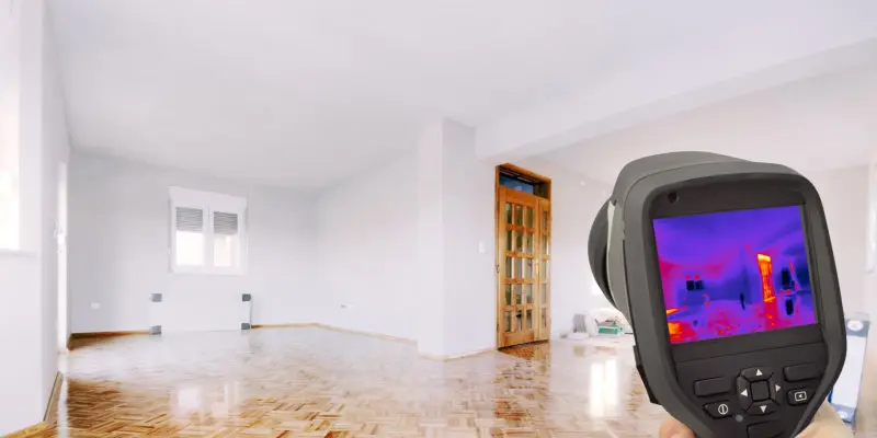 Handheld Thermal energy gun pointed at doorway in home
